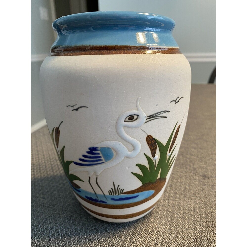 Mexico Pottery Heron Bird Reed Grass Floral Blue Brown Vase